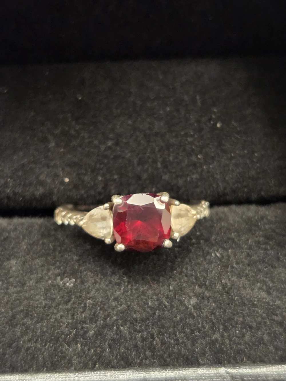 Red Garnet Three-Stone Ring with Clear Side Stones